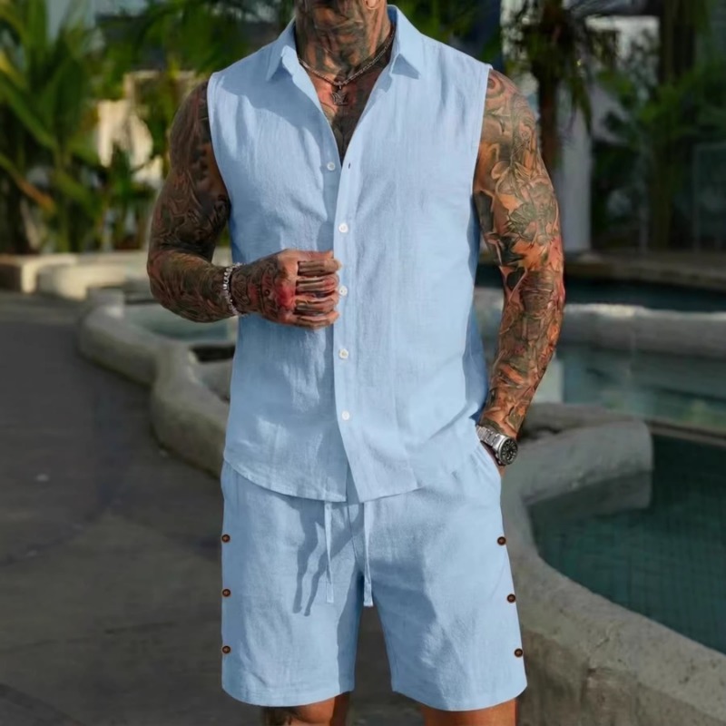 Short Linen Drawstring - Herren 2-teiliges Leinen-Set mit Strukturierter Oberfläche,